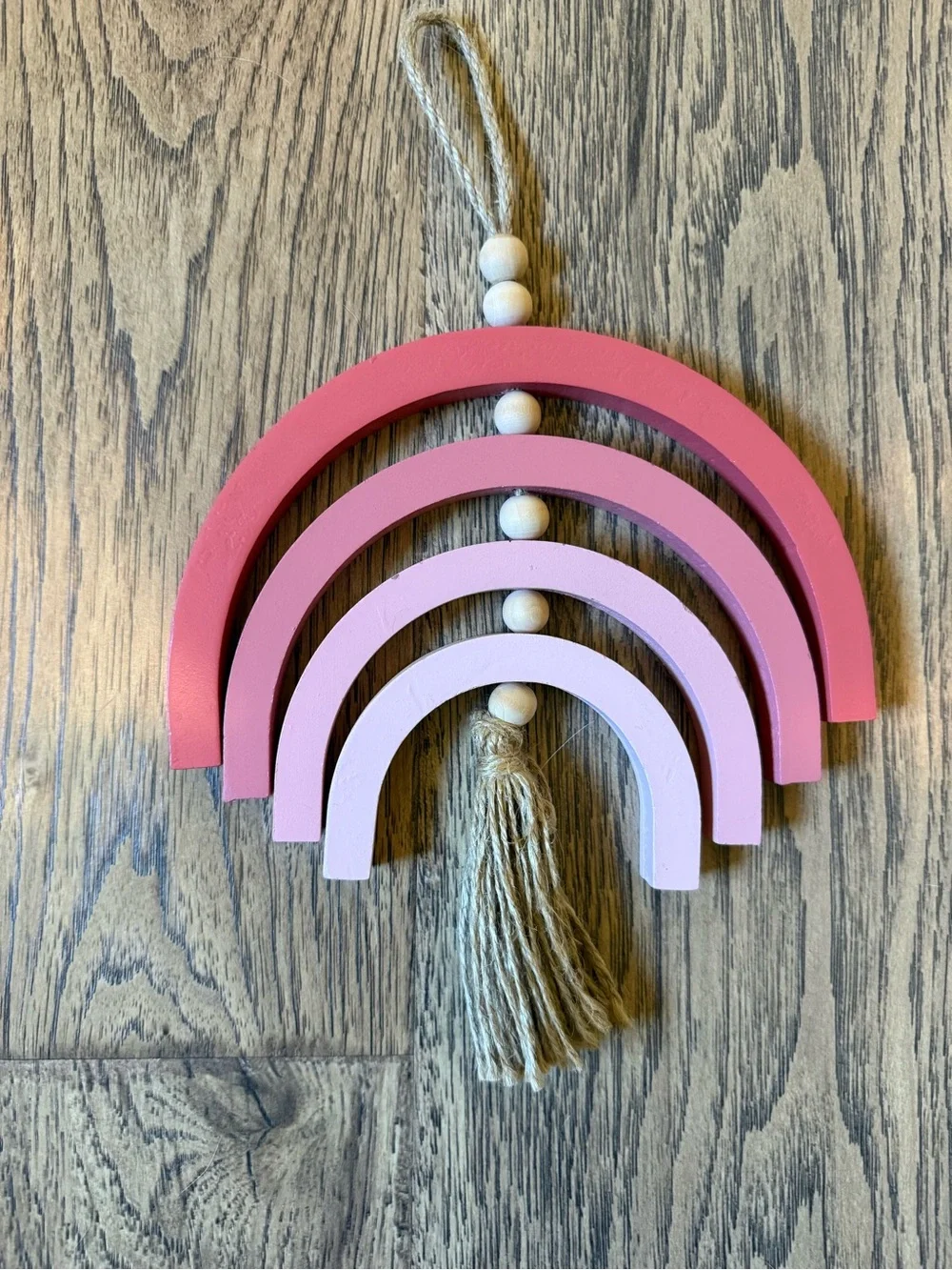 Wooden Rainbow Hanging Decoration With Four different shades of pink